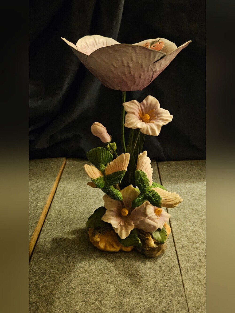 Pink Floral Table Accent Sculpture - Decorative Bloom Figurine